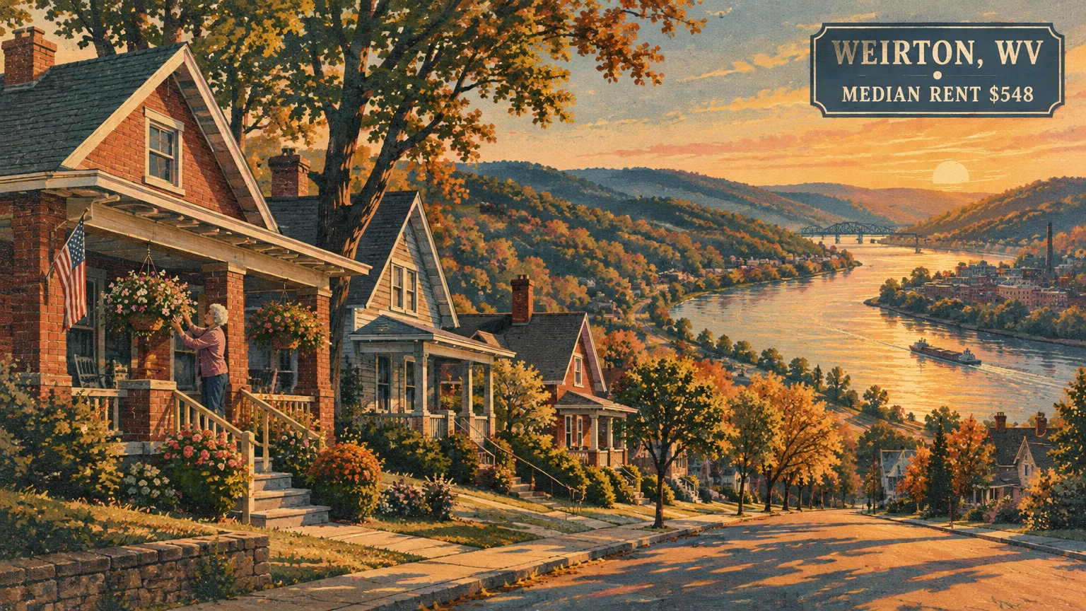 Illustration of houses on a hilly street overlooking a river at sunset, with autumn trees and a barge in the water.
