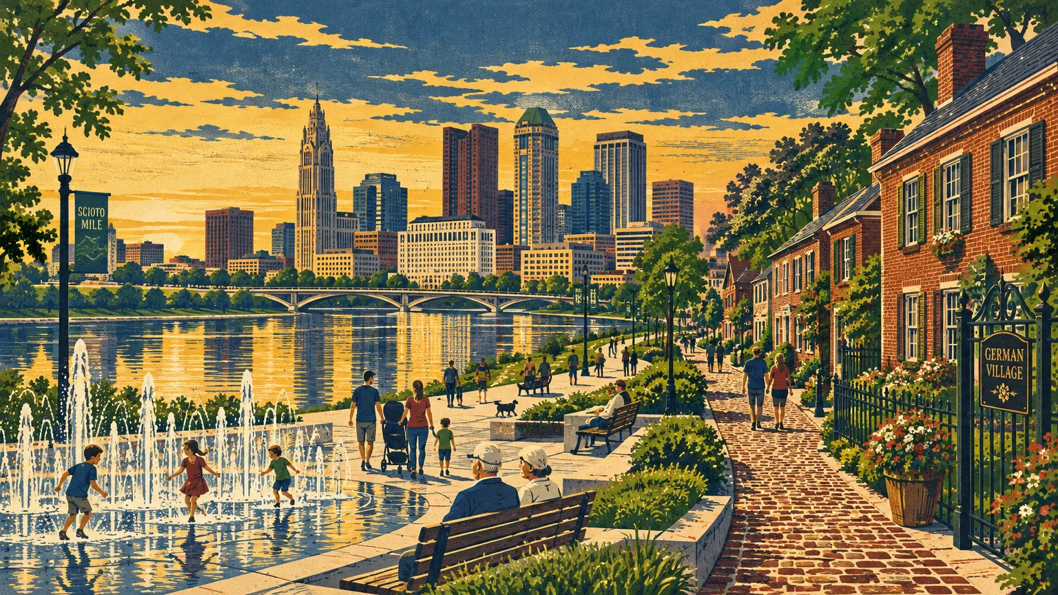 Illustration of people strolling along the Scioto Mile waterfront park with fountains, brick houses, and city skyline.
