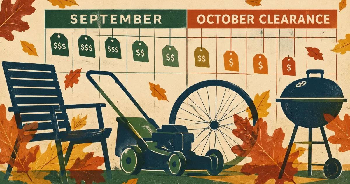 Illustration of patio chair, lawnmower, bike wheel, and charcoal grill beneath September and October clearance calendar.