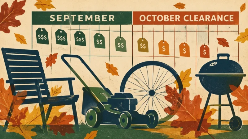 Illustration of patio chair, lawnmower, bike wheel, and charcoal grill beneath September and October clearance calendar.