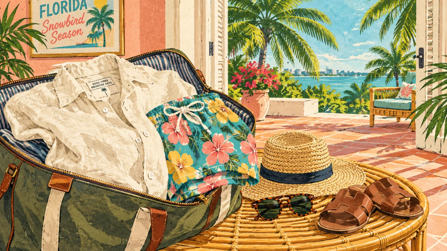 Open duffel bag packed with resort clothes beside a straw hat and sandals on a sunlit balcony overlooking palm trees.