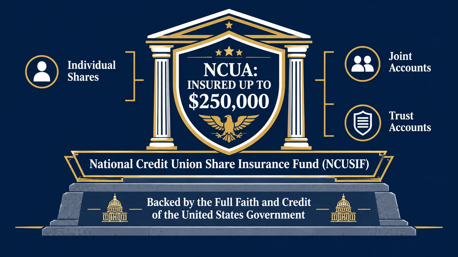 Diagram of a classical building facade with a shield reading NCUA insured up to $250,000 and account categories.