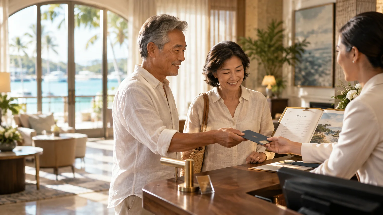 Senior Asian couple smiling at a resort front desk while handing travel documents to the receptionist.