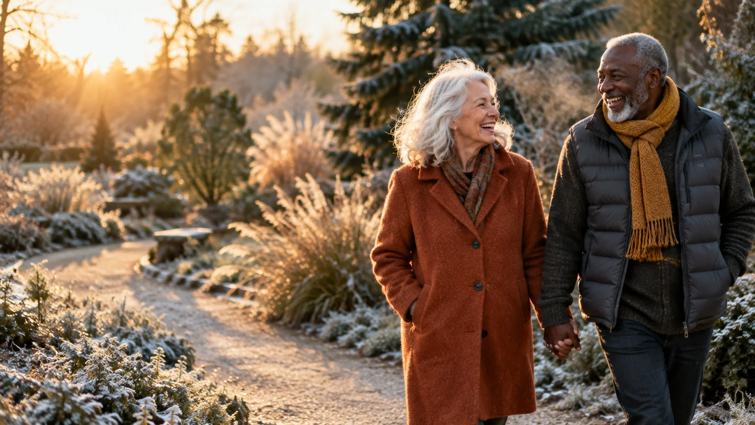 Smiling senior couple walking hand in hand along a frosted garden path in the warm winter sunlight.