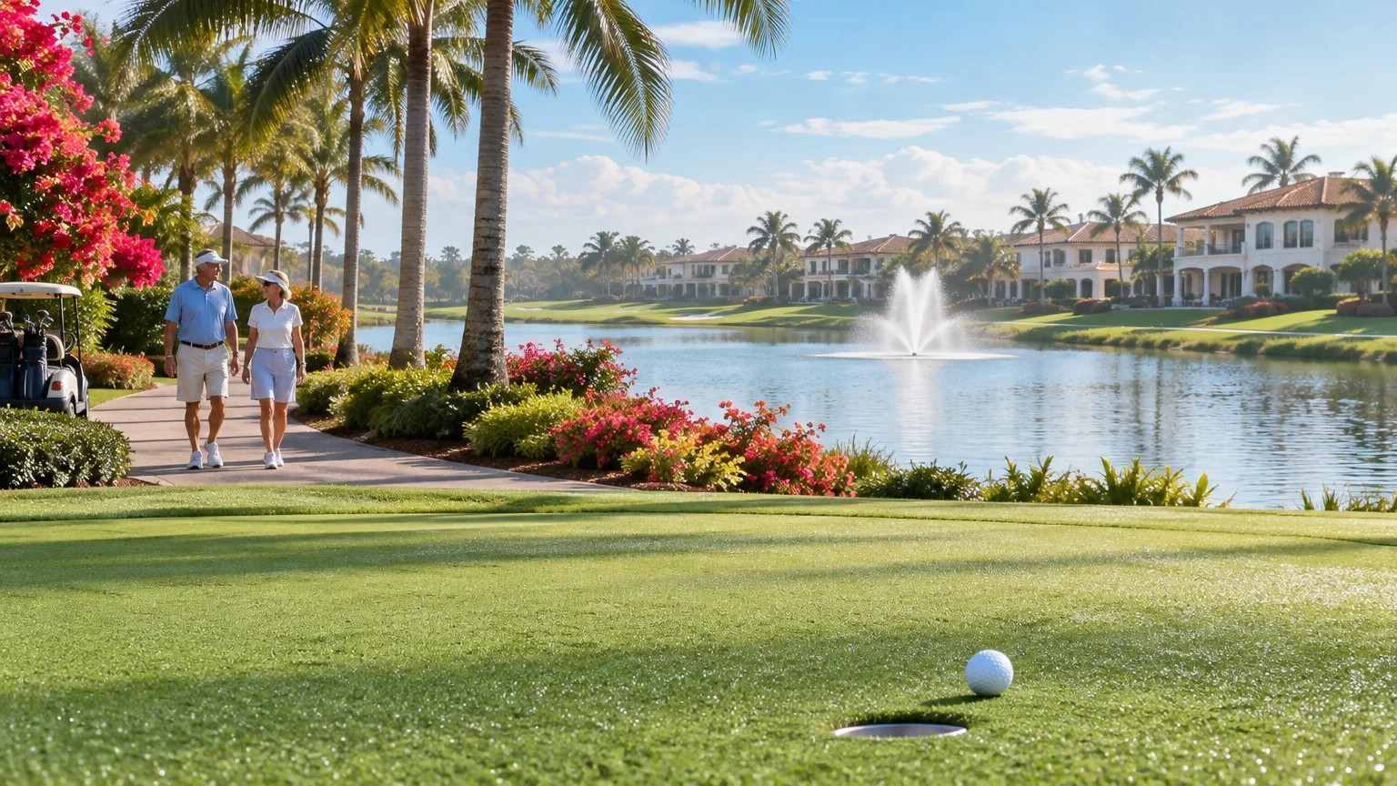 Senior couple walking along a path by a golf course lake with a fountain, palm trees, and luxury homes.