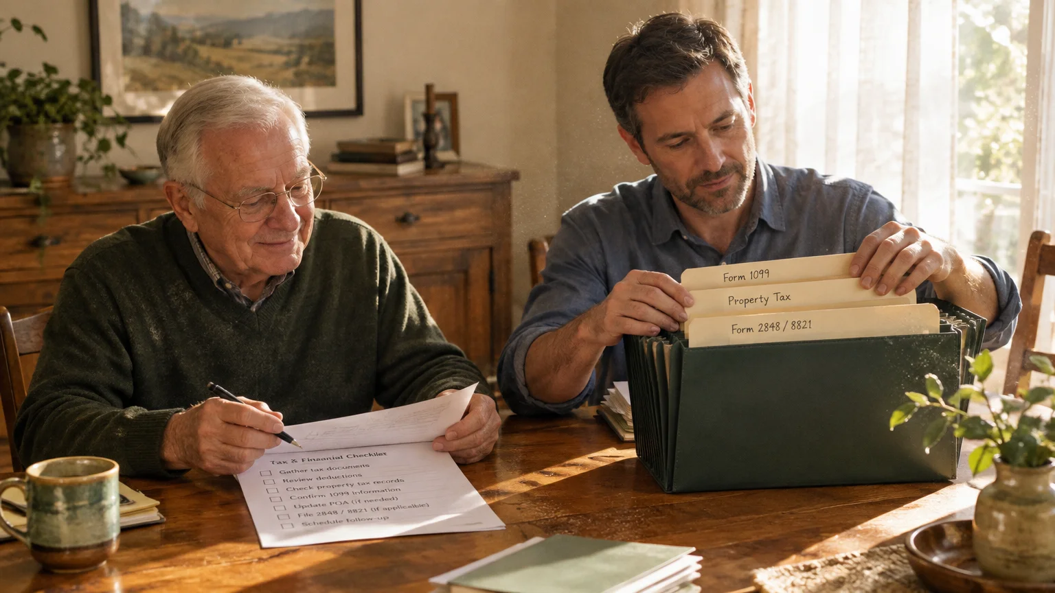 Older man reviewing a checklist beside a younger man sorting tax folders in an accordion file at a wooden table.