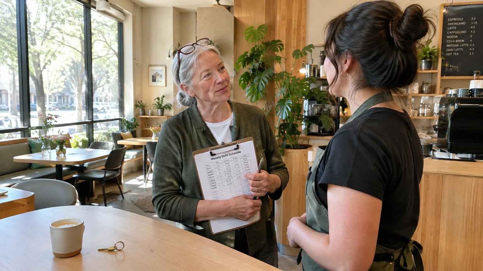 A senior woman holding a shift schedule clipboard speaks with a younger female cafe employee.