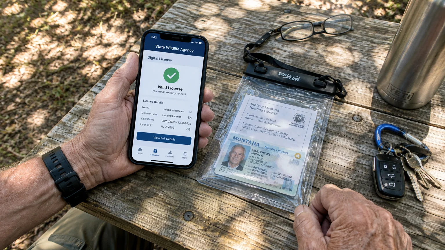 A person holding a smartphone showing a digital hunting license next to a driver's license inside a waterproof pouch.