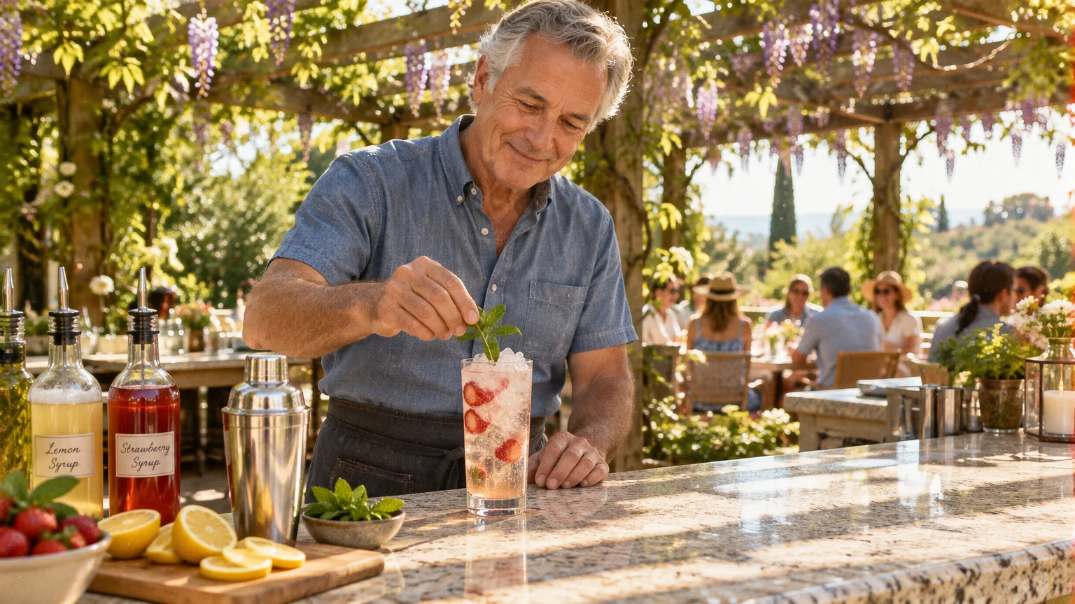 A smiling senior man garnishes a cocktail with mint at an outdoor patio bar surrounded by patrons under a pergola.