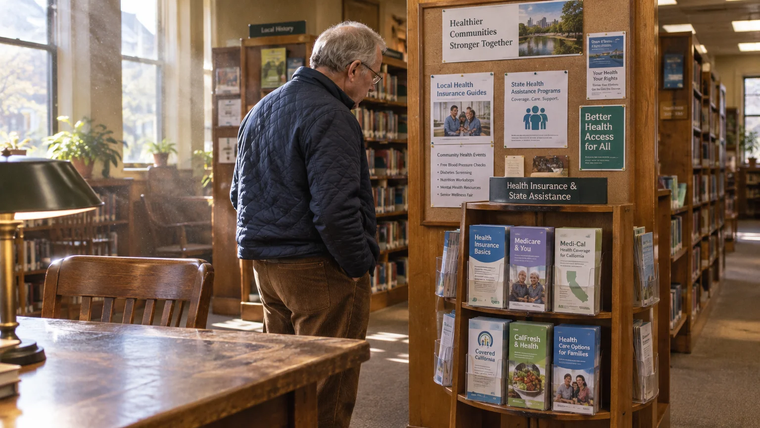 An older man in a library stands reading health insurance brochures displayed on a wooden kiosk.