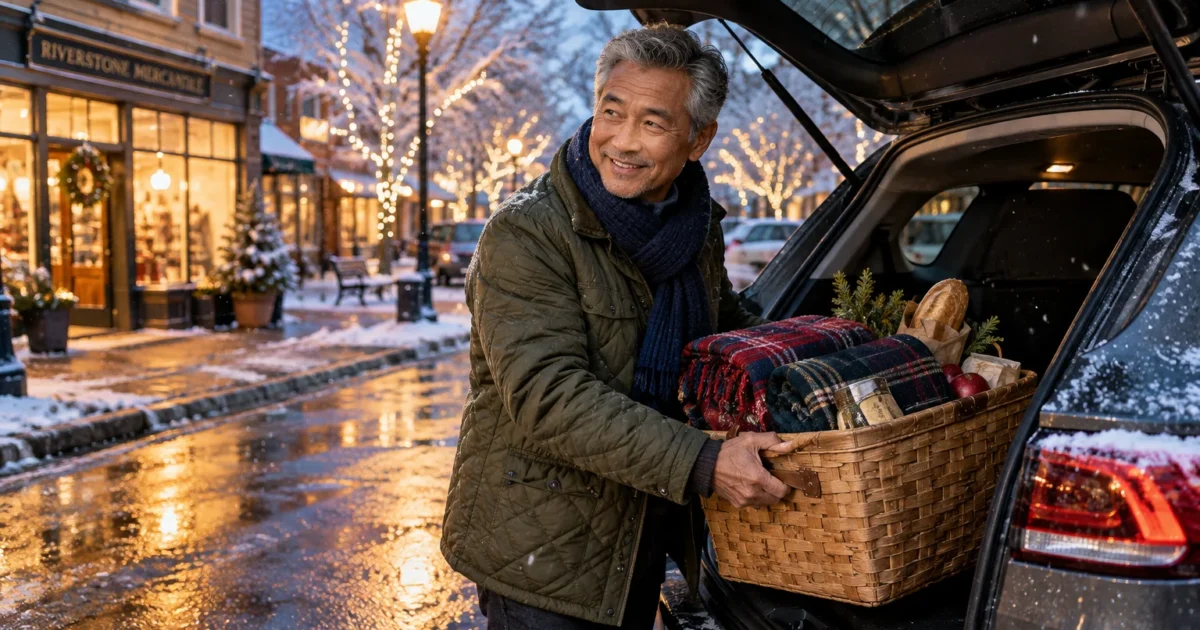 Smiling older man loading a wicker basket of groceries and blankets into the trunk of a car on a snowy street.