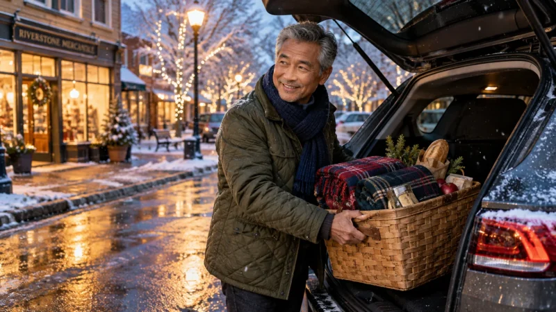 Smiling older man loading a wicker basket of groceries and blankets into the trunk of a car on a snowy street.
