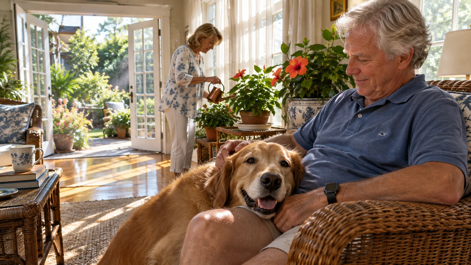A man pets a golden retriever in a sunroom while a woman waters potted plants near open French doors.