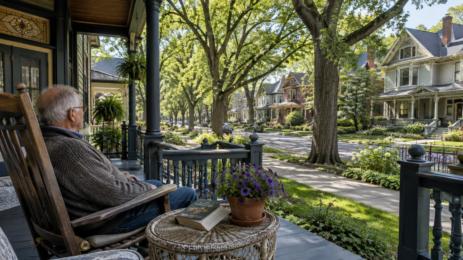 A man sits in a rocking chair on a porch overlooking a tree-lined residential street with historic Victorian houses.