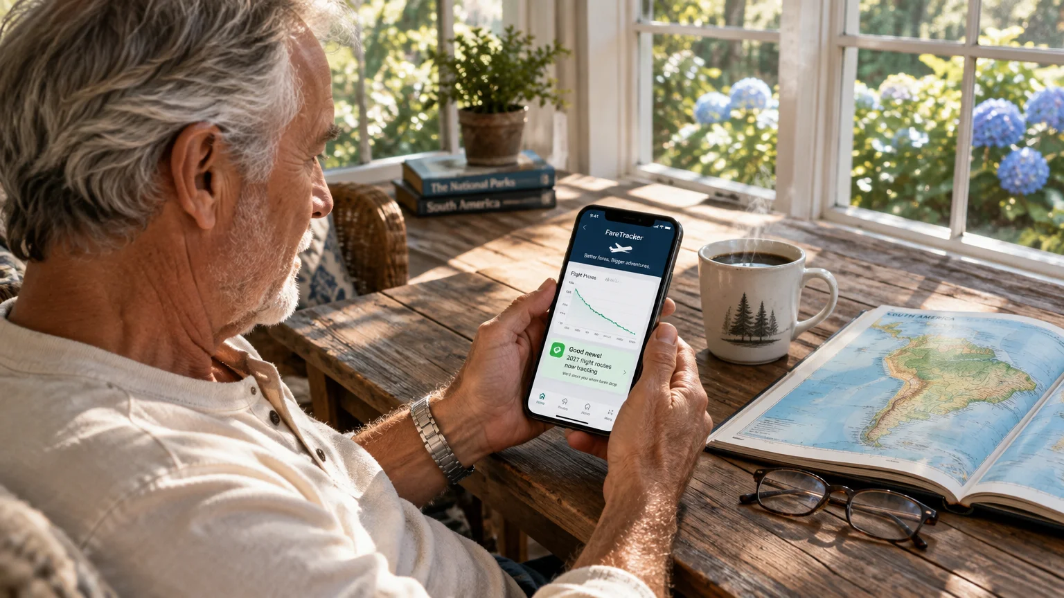A senior man sits at a wooden table looking at a flight tracking app on his phone next to a map and coffee mug.