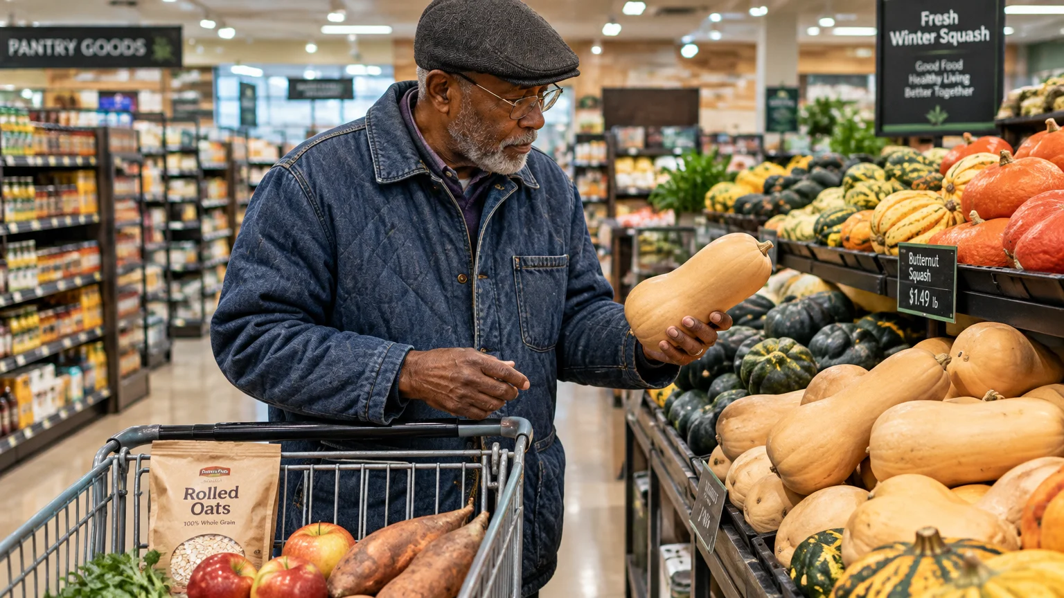 Senior man in a denim jacket and cap holding a butternut squash next to a produce display and grocery cart.