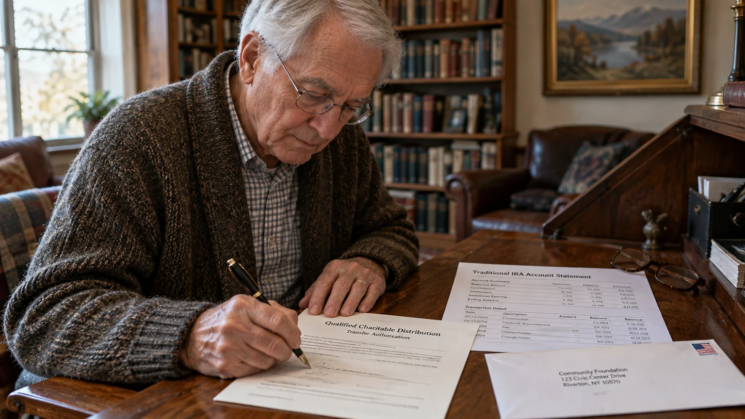 A senior man filling out a Qualified Charitable Distribution form at a wooden desk with financial statements nearby.