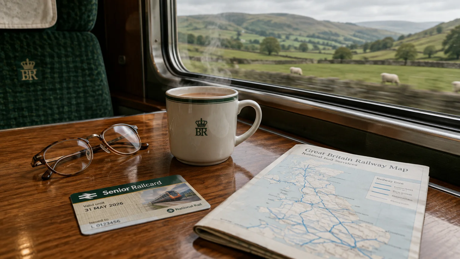 A Senior Railcard, glasses, mug of tea, and railway map on a train table beside a window showing the countryside.