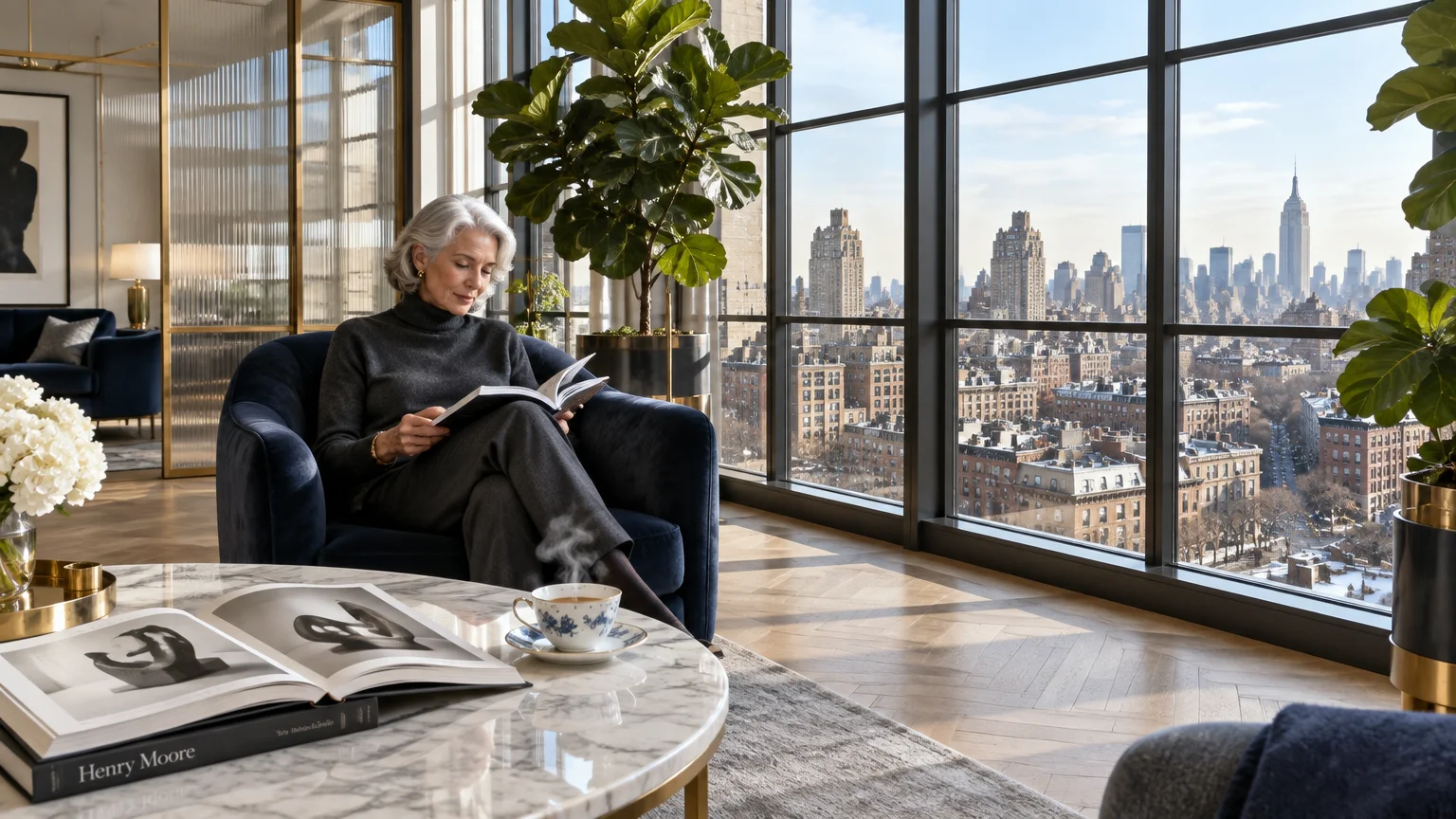 Senior woman reading a book in an armchair by large windows overlooking a city skyline, with tea on a marble coffee table.