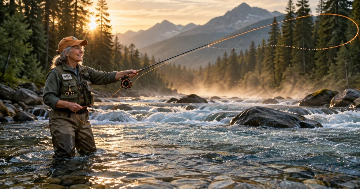 Senior woman in waders fly fishing in a rocky river at sunrise with mountains and pine trees in the background.