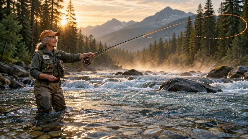 Senior woman in waders fly fishing in a rocky river at sunrise with mountains and pine trees in the background.