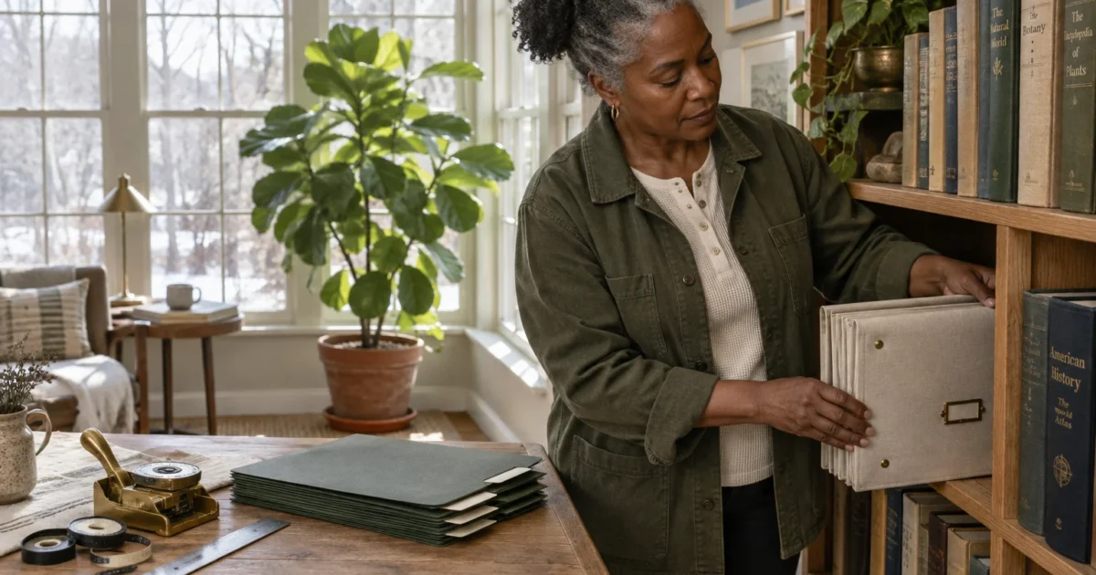 A woman with gray hair pulls an accordion file from a wooden bookshelf near a desk stacked with green folders.