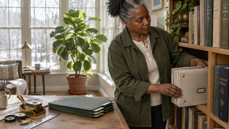 A woman with gray hair pulls an accordion file from a wooden bookshelf near a desk stacked with green folders.