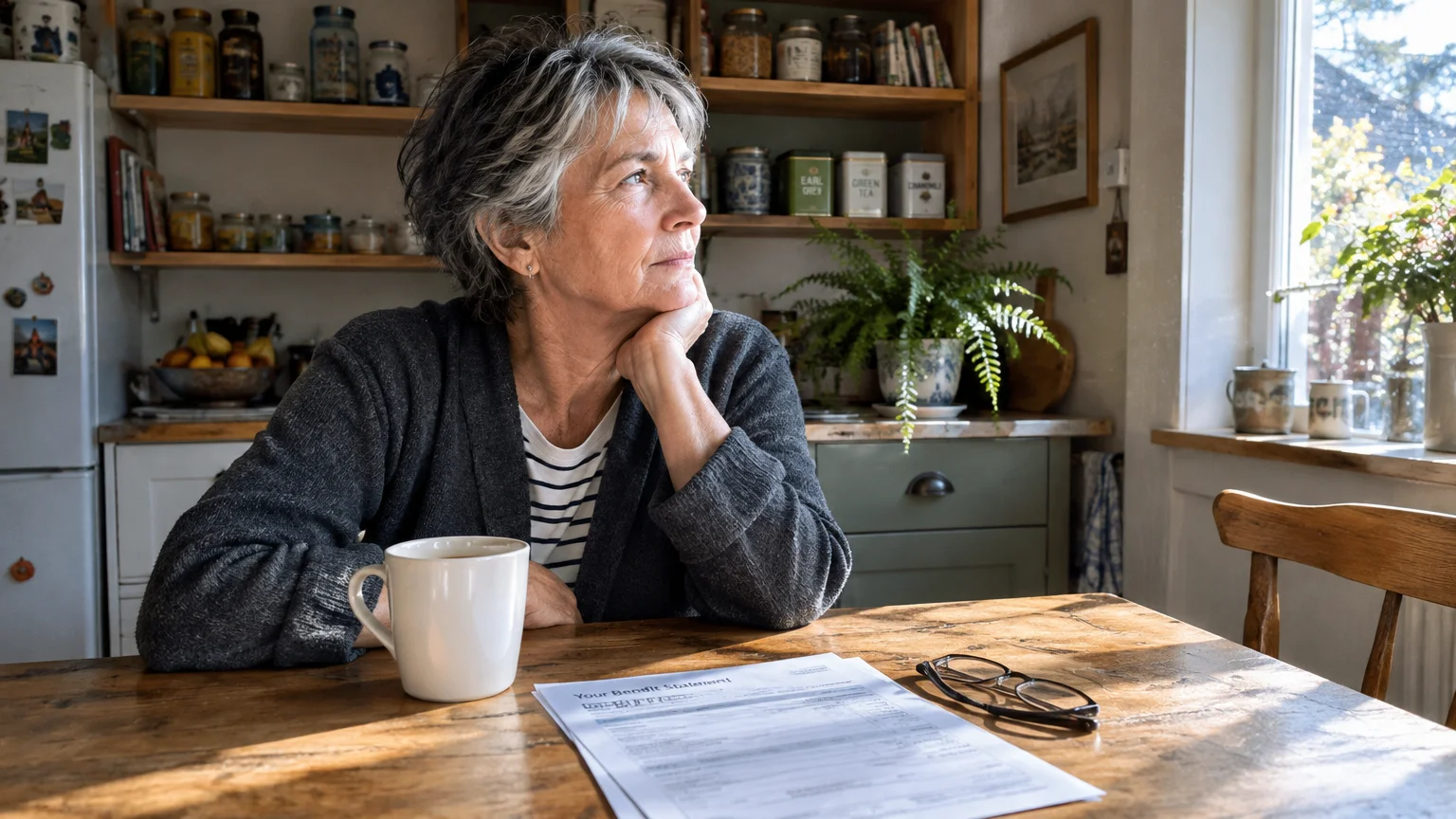 A thoughtful woman rests her chin on her hand at a kitchen table beside a benefit statement, mug, and eyeglasses.