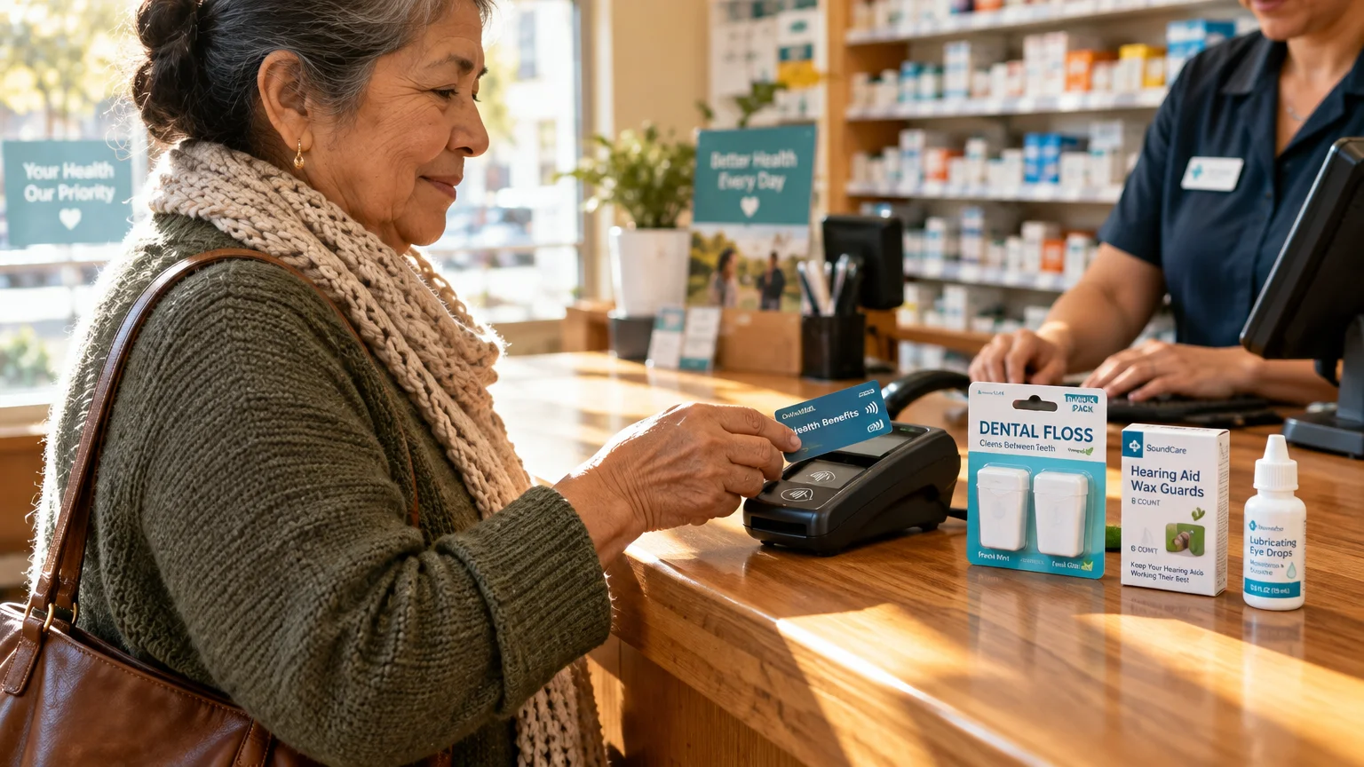 A senior woman pays with a health benefits card at a pharmacy counter displaying dental floss and hearing aid wax guards.