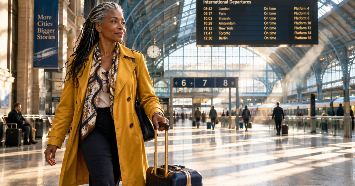 A mature woman in a yellow coat pulls a rolling suitcase through a bustling, sunlit train station concourse.