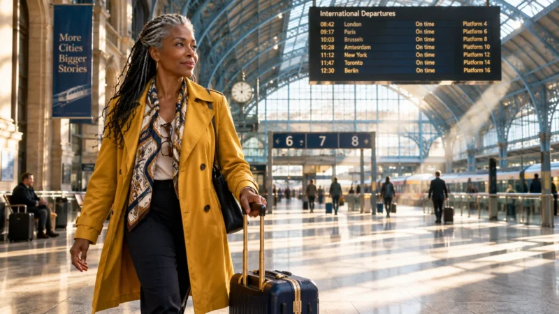 A mature woman in a yellow coat pulls a rolling suitcase through a bustling, sunlit train station concourse.