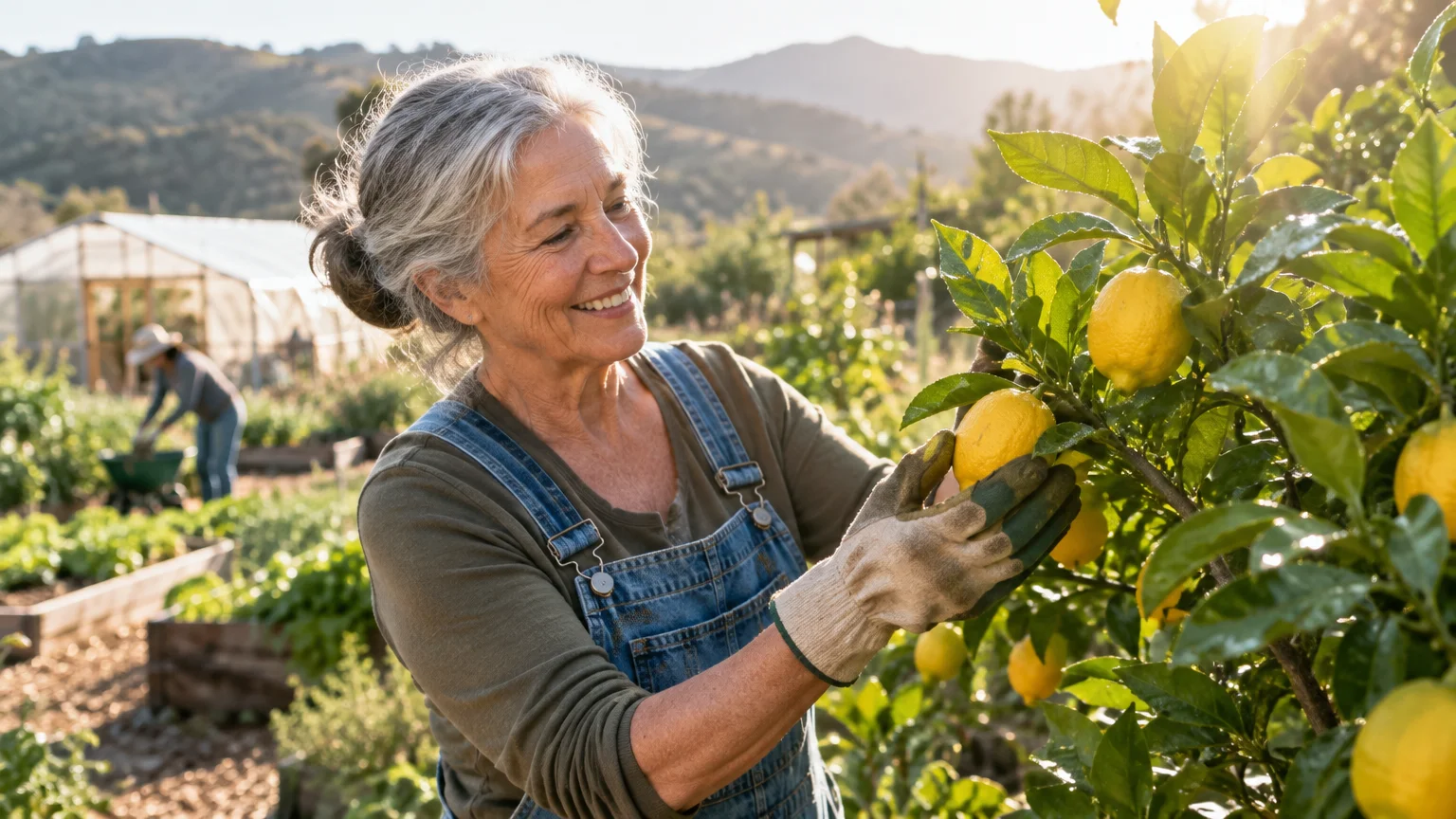 Smiling older woman with gray hair wearing denim overalls and gardening gloves while inspecting lemons on a tree outdoors.