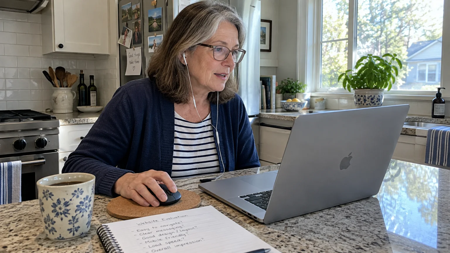 An older woman wearing glasses and earphones uses a laptop at a kitchen island next to a notepad and coffee mug.