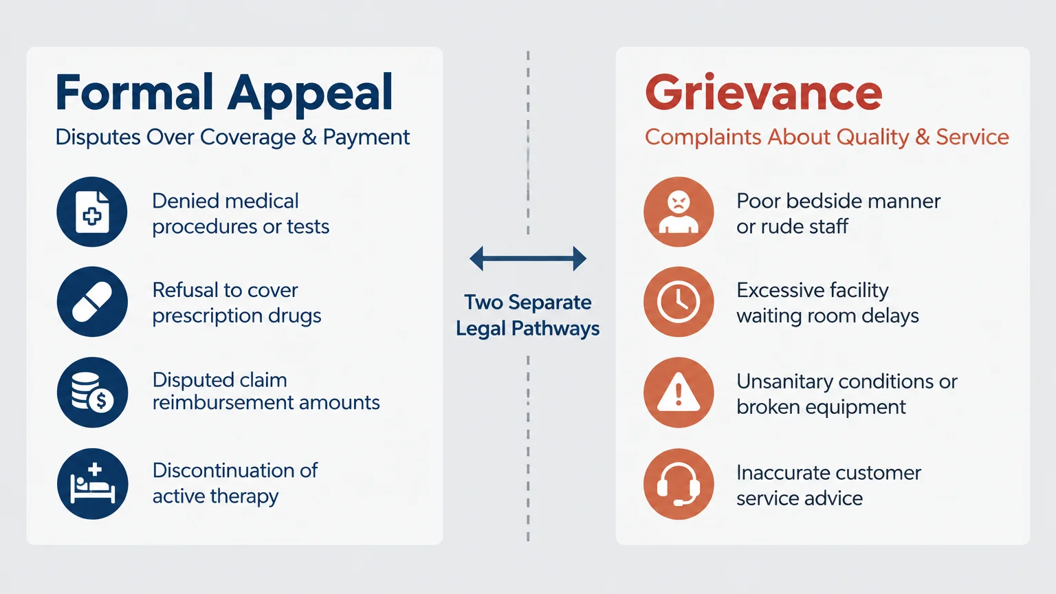 Diagram comparing Formal Appeal for coverage disputes against Grievance for service quality complaints.