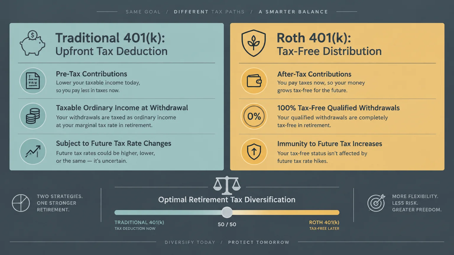 Comparison infographic contrasting Traditional 401(k) upfront deductions with Roth 401(k) tax-free distributions.