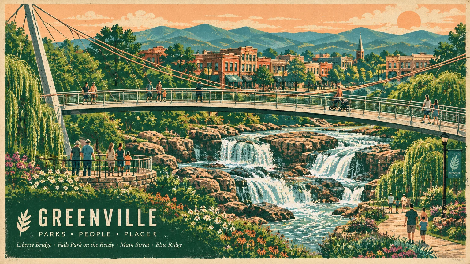 Screenprint illustration of pedestrians on a suspension bridge spanning waterfalls, with town buildings and mountains beyond.