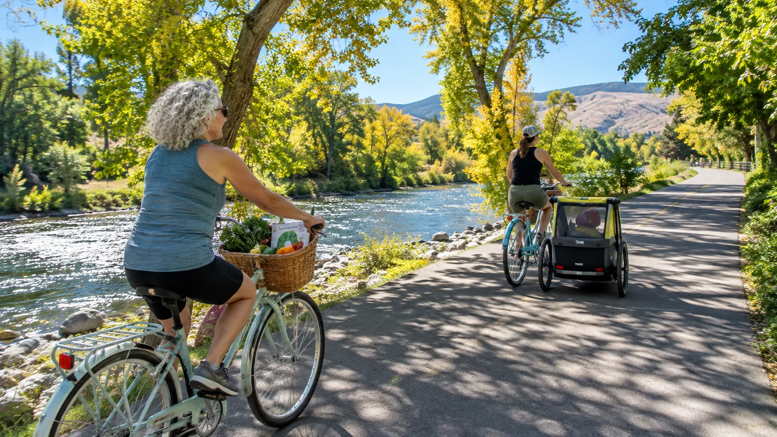 Two women ride bicycles along a paved path beside a flowing river flanked by green and yellow trees.