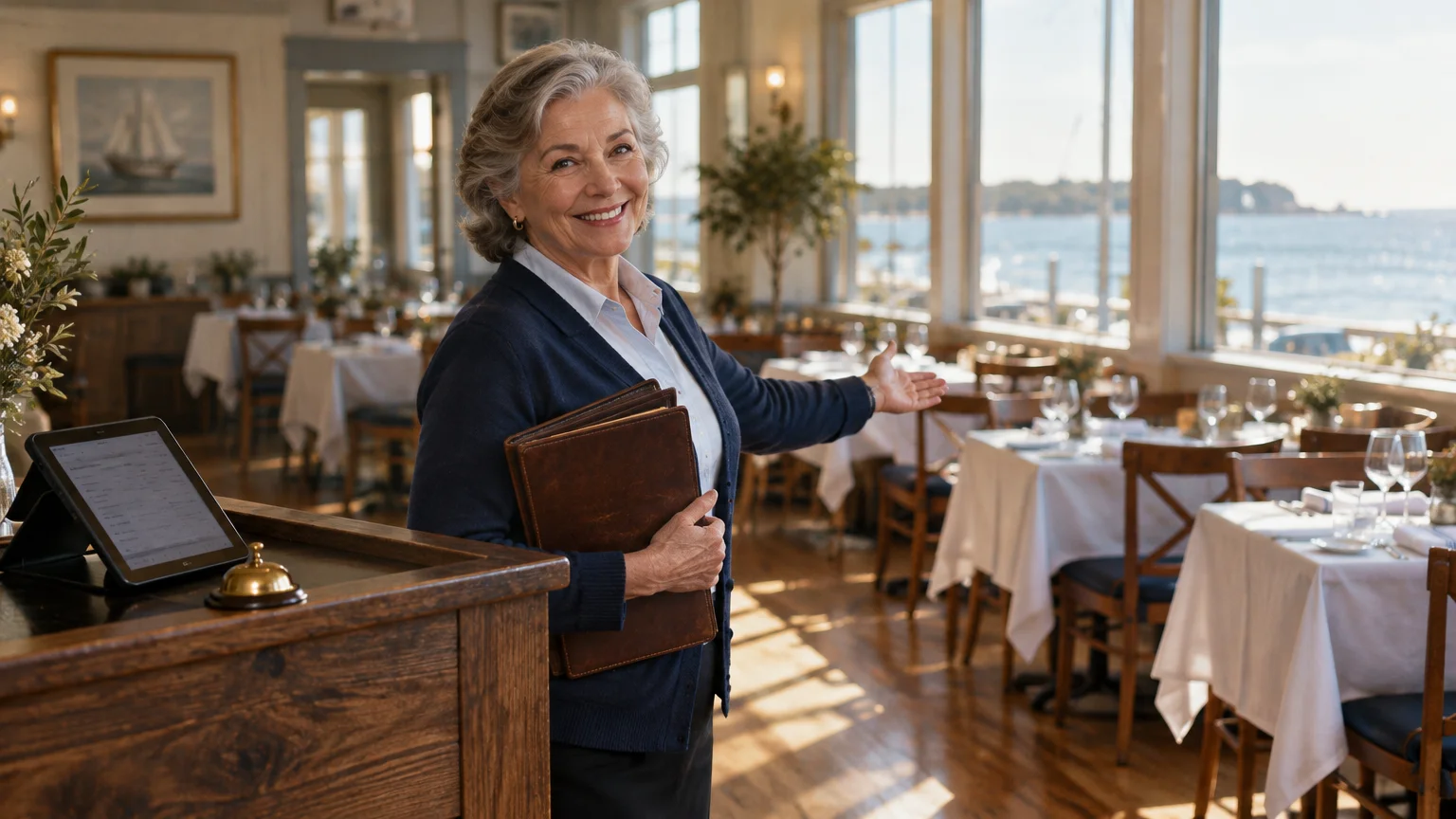 Smiling senior woman holding leather menus and gesturing toward tables in a waterfront restaurant dining room.