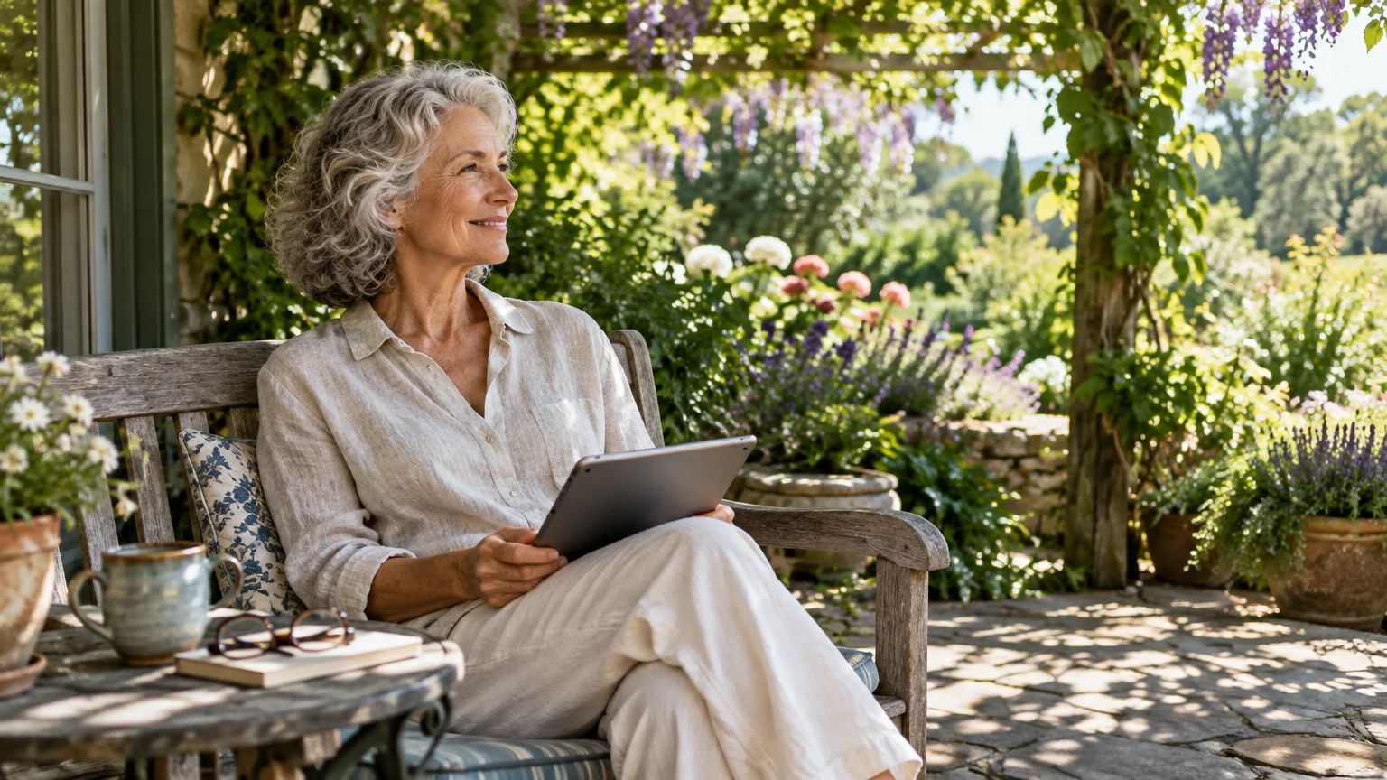 A smiling, grey-haired woman sits on a garden bench holding a digital tablet under a blooming pergola.