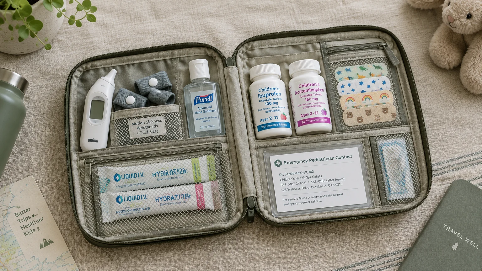 Open travel medicine organizer packed with children's pain relievers, thermometer, motion sickness bands, and bandages.