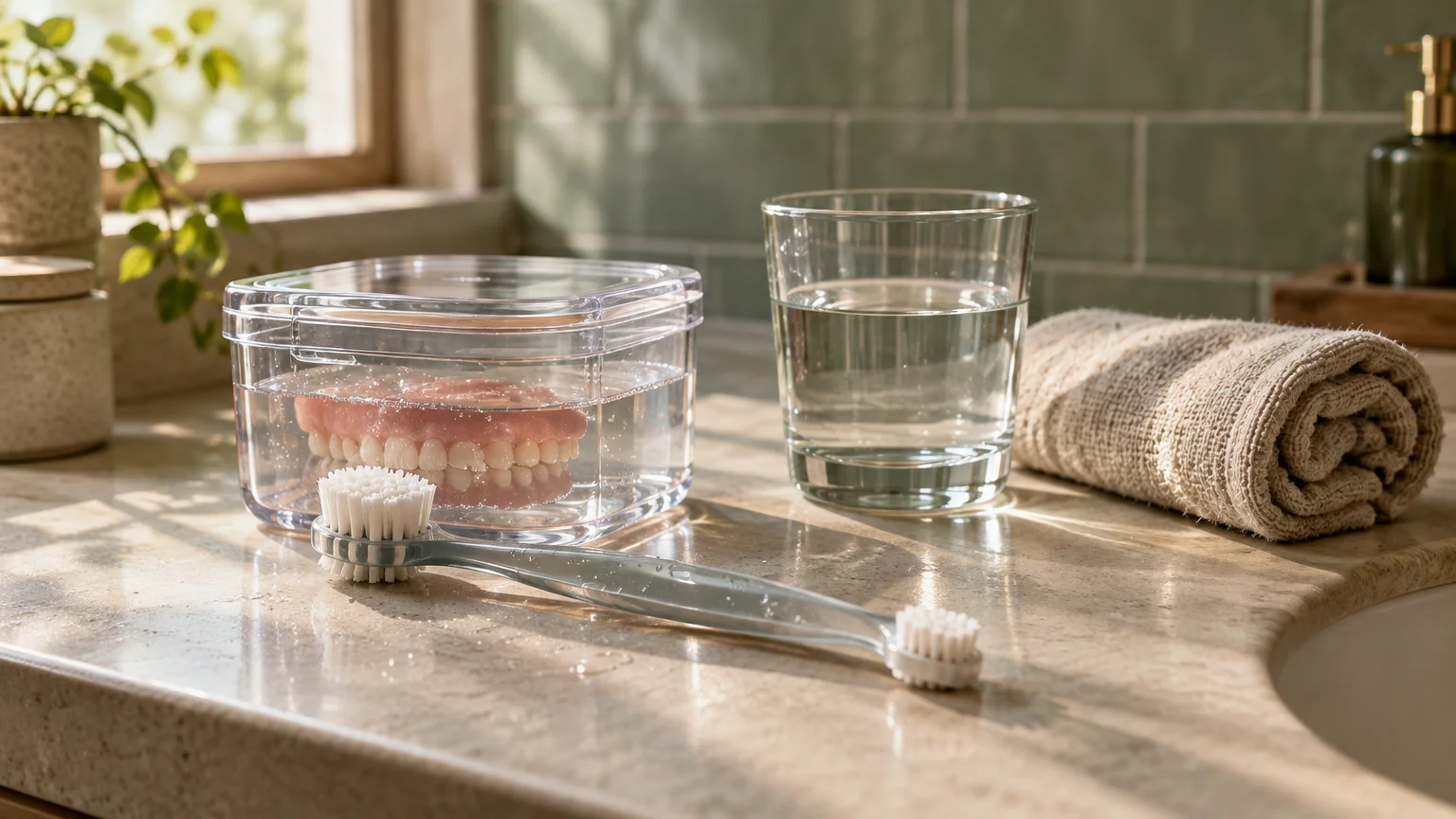 Dentures soaking in a clear container of water next to a cleaning brush, water glass, and towel on a bathroom counter.