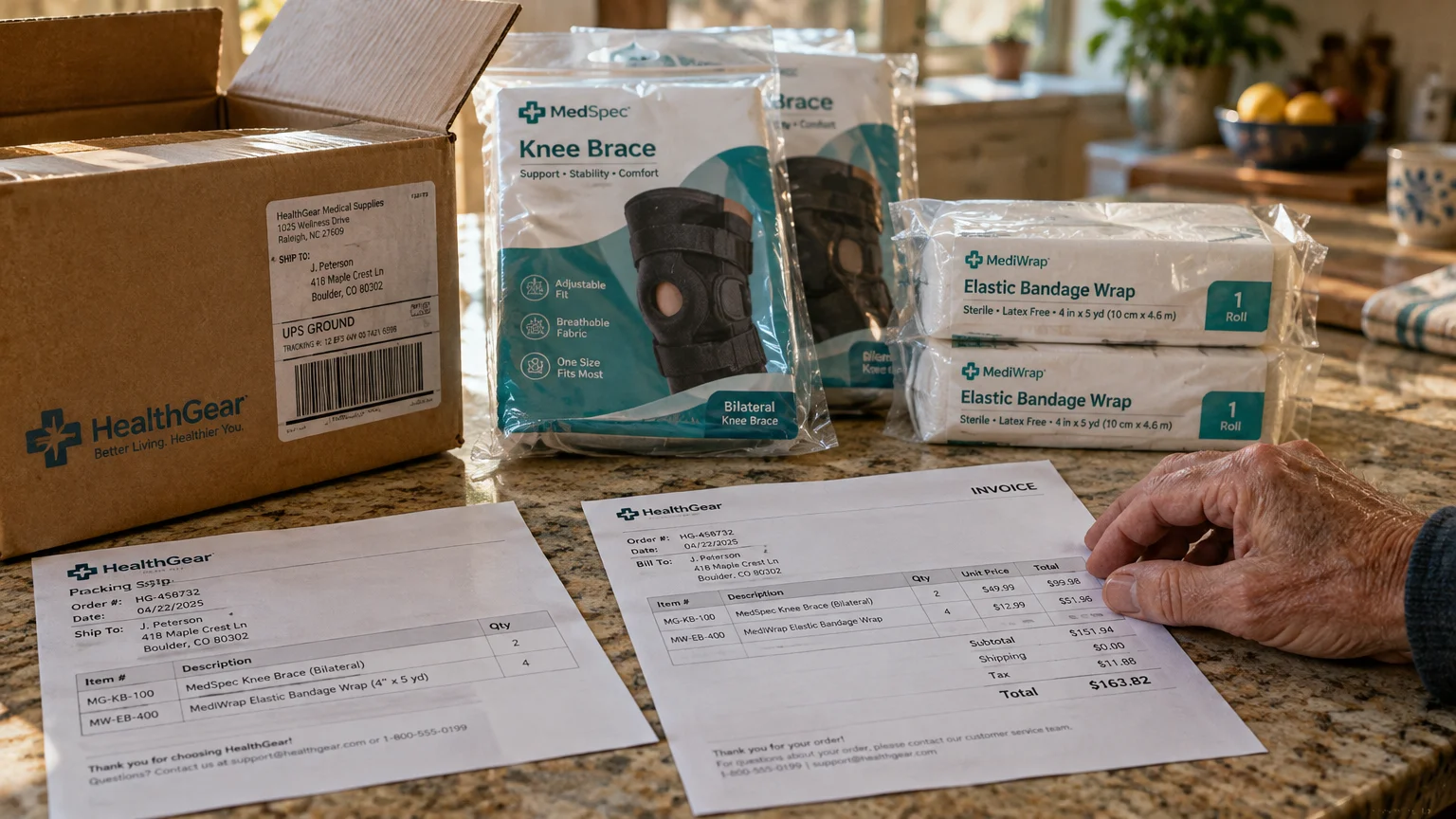 Medical supplies, knee braces, and bandages next to an open shipping box and invoice on a counter.