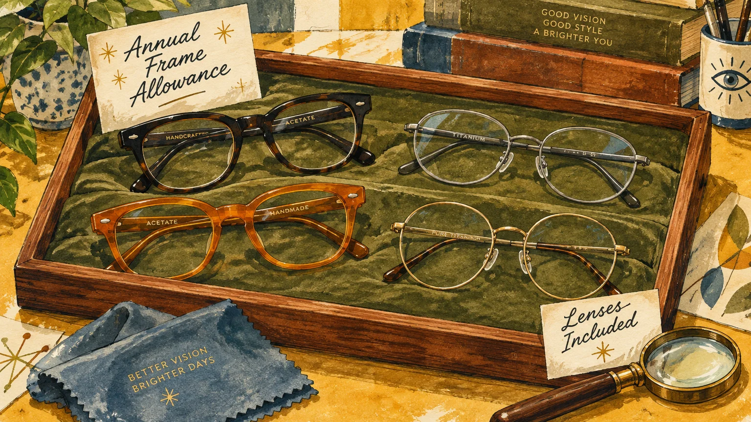 Four pairs of eyeglasses displayed in a velvet-lined wooden tray alongside cards, a cleaning cloth, and a magnifying glass.