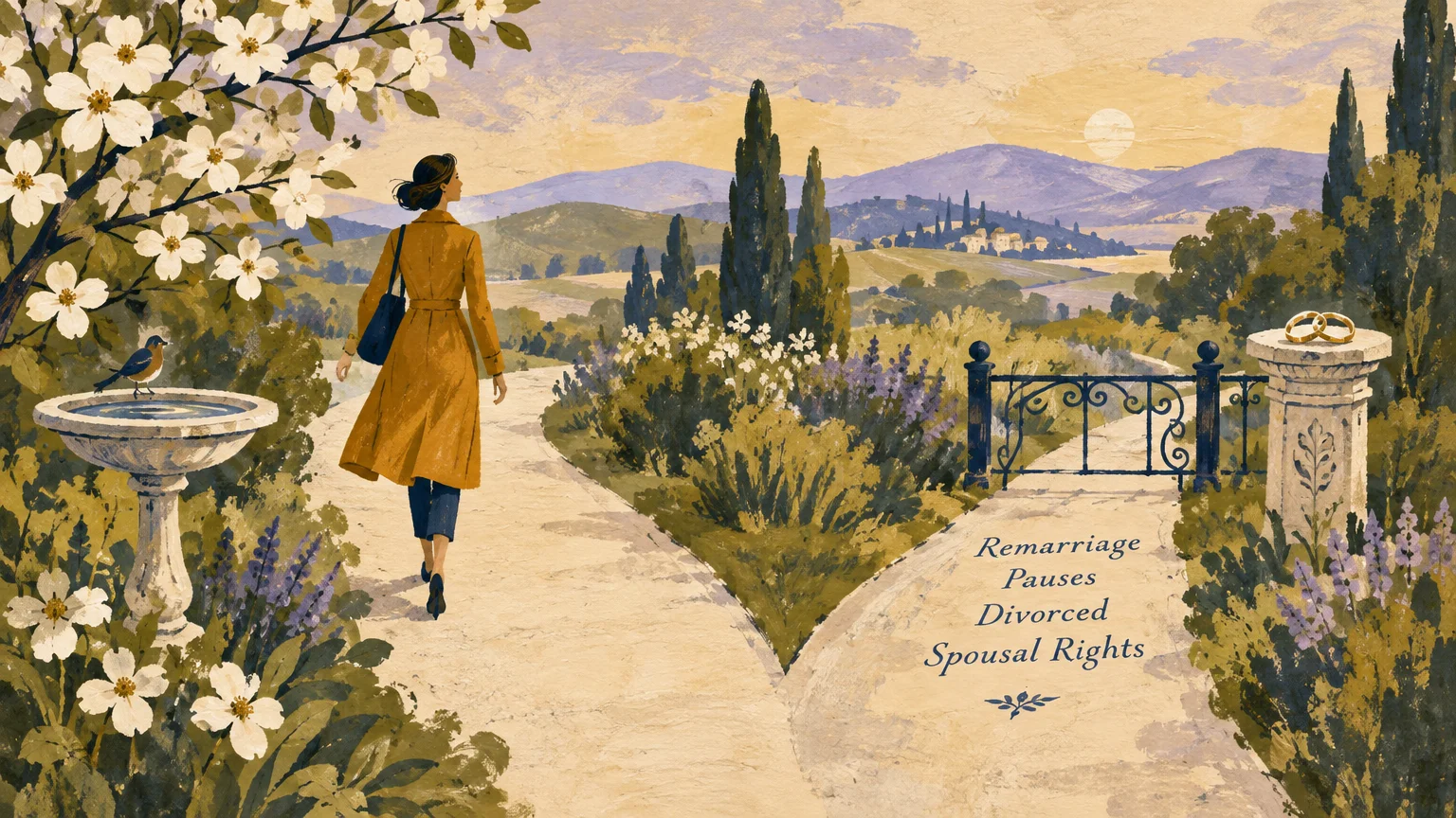 Illustration of a woman in an ochre coat walking down a garden path beside a gated path with wedding rings on a pillar.