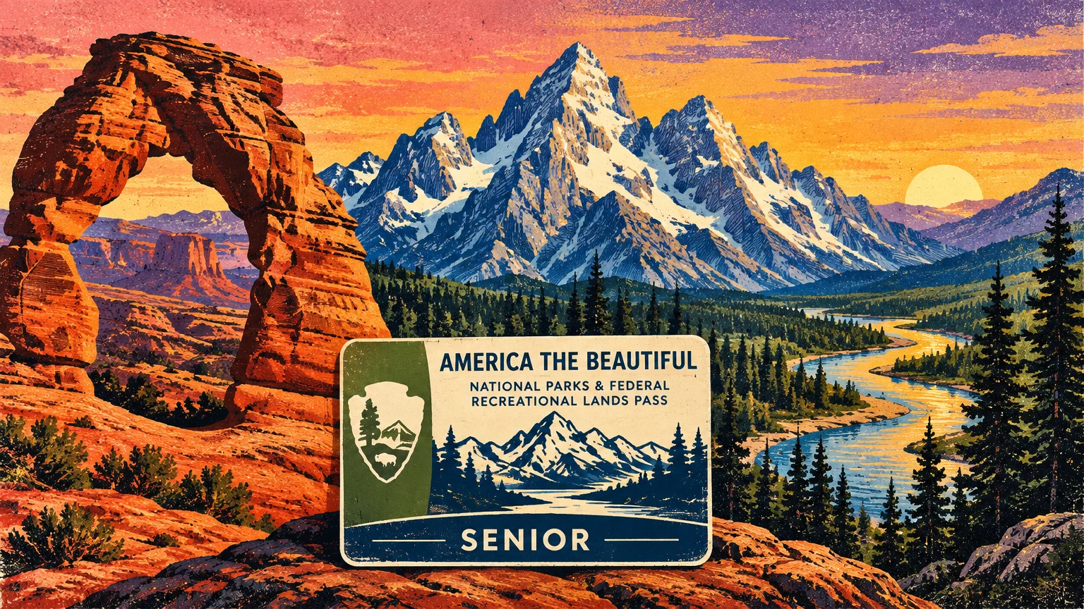 Illustration of an America the Beautiful Senior pass card set against a mountain valley, river, and sandstone arch.