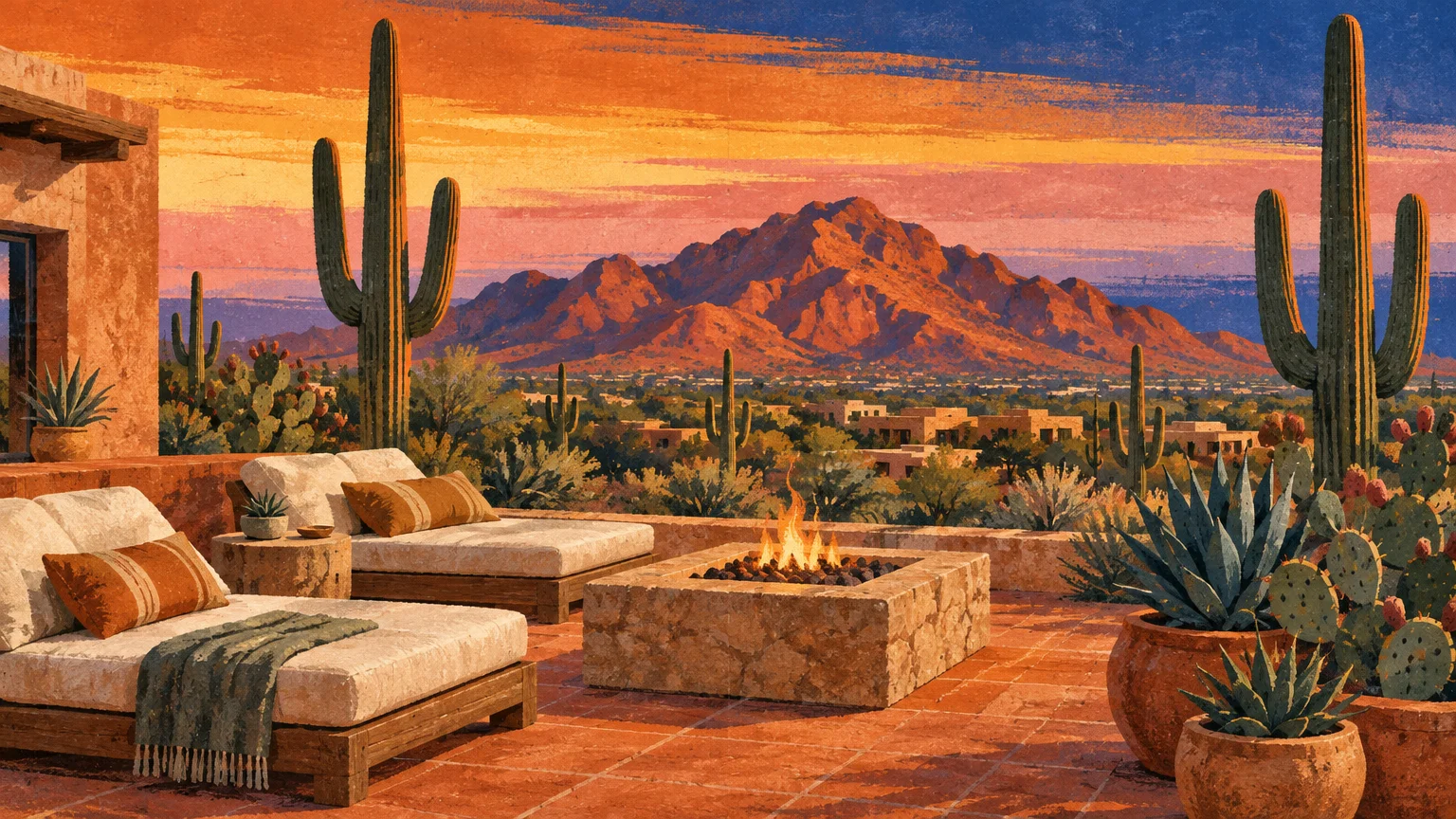 Illustration of a desert patio with lounge chairs, fire pit, and saguaro cacti overlooking distant red mountains at sunset.