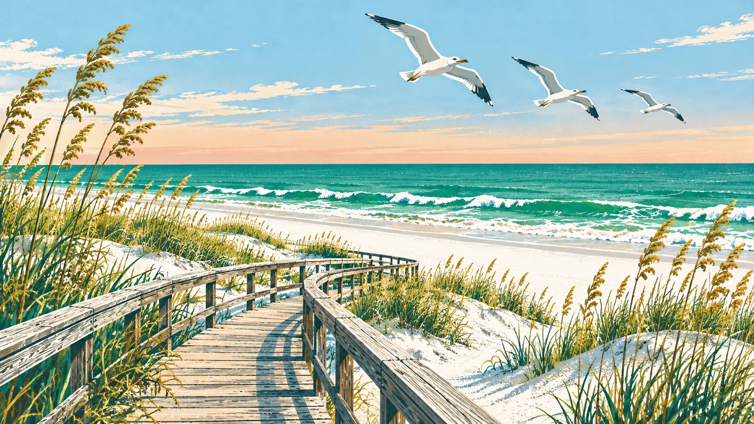 Illustration of a wooden boardwalk path through grassy sand dunes leading to an ocean beach with seagulls flying overhead.