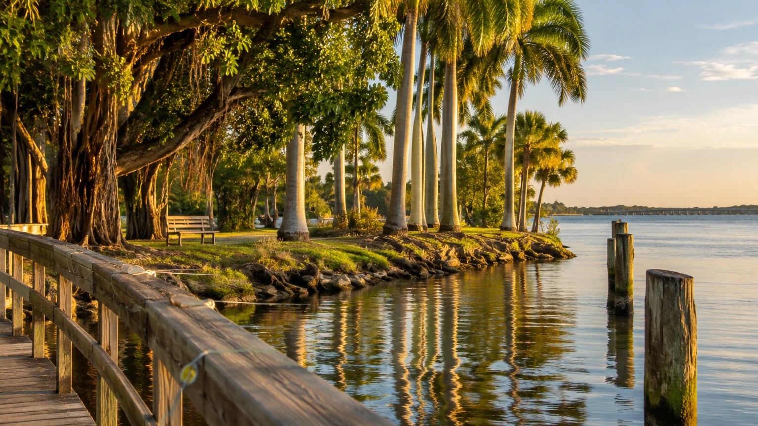 Wooden boardwalk railing along a sunny shoreline with royal palm trees, a large banyan tree, and calm river water.