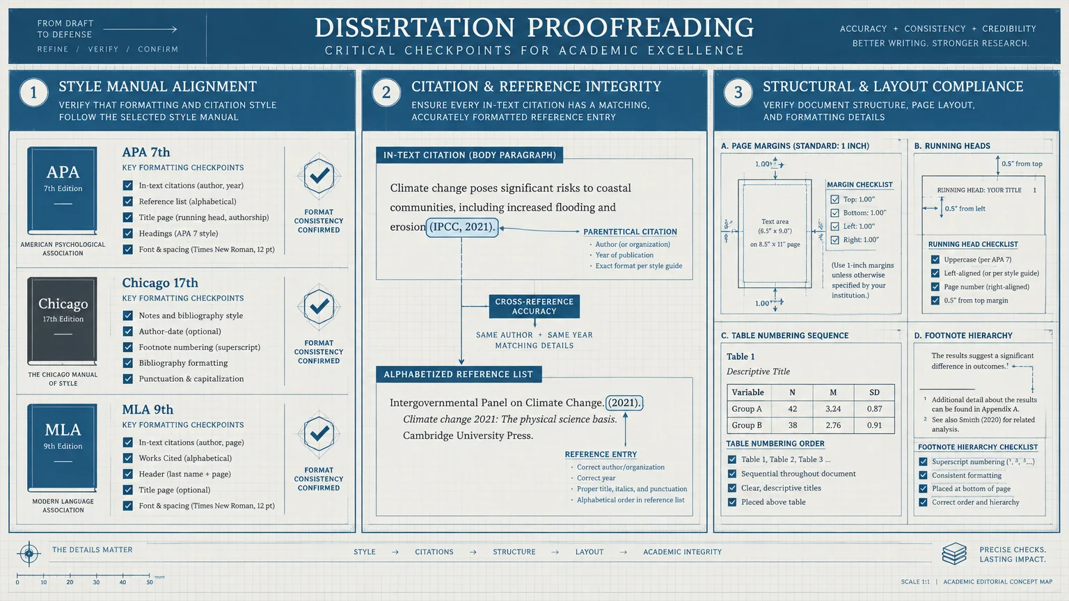 Dissertation proofreading diagram detailing style manuals, citation and reference integrity, and structural compliance rules.