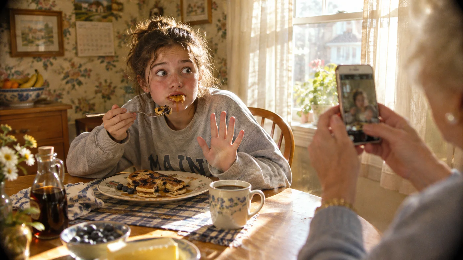 A teenager eating pancakes raises a hand in protest as an older woman takes a photo of her with a smartphone.